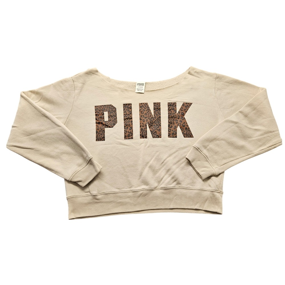 Victoria's Secret PINK Leopard Logo Boat Neck Sweatshirt Tan Beige Large